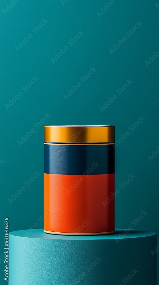 Poster A colorful canister sits on a blue and green surface