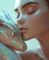 Close-up of a woman’s face intimately resting against an iridescent, fantasy reptile-like creature, both adorned with sparkling, reflective scales, evoking a magical and ethereal connection.