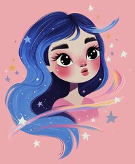 Cute illustration of a girl with big, expressive eyes, blue flowing hair, and surrounded by stars on a pink background, evoking a dreamy and whimsical atmosphere..