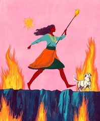 A courageous woman in a colorful outfit walks confidently across a flaming chasm, holding a torch in hand, with a loyal dog by her side, set against a bright pink background.