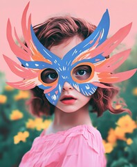 Young child wearing a colorful, oversized mask with a vibrant design, set against a background of blooming flowers and soft pastel colors.
