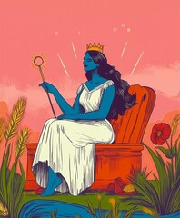 A stylized illustration of a blue-skinned goddess seated on a throne against a pink background, holding a staff with a sun symbol. She is surrounded by plants and flowers in a surreal landscape.