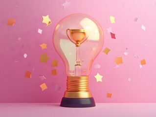 Golden Trophy Cup on Pedestal with Glowing Lightbulb Against Pink Background