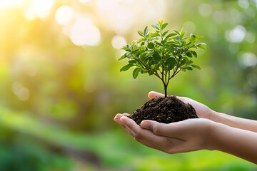 Hand holding a tree growing on a blurred green background, concept of growth and environmental protection.Banner for an environment,with copy space.