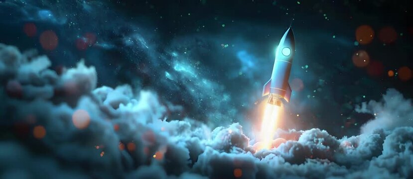 Startup business concept with digital glowing blue rocket on dark background.