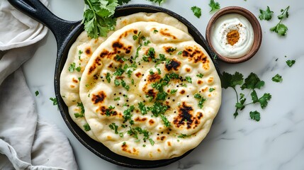 Freshly baked naan bread on a white marble countertop, rustic black pan, cilantro garnish, small bowl of spices, yogurt dip, top view, food photography, soft natural.