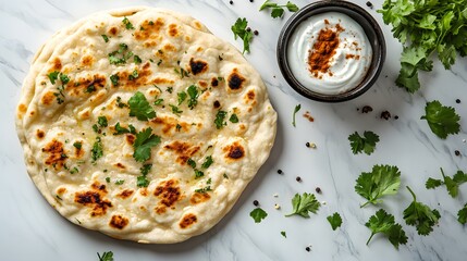 Freshly baked naan bread on a white marble countertop, rustic black pan, cilantro garnish, small bowl of spices, yogurt dip, top view, food photography, soft natural.