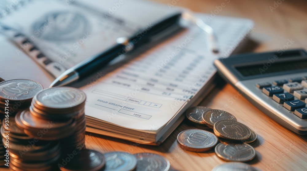 Fototapete A stack of cash and coins sit beside an open notebook filled with calculations and a calculator in a home office setting. Generative AI