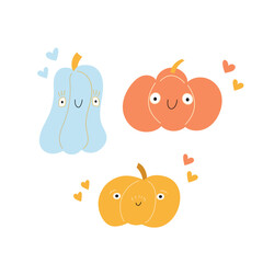 Autumn composition, cute hand drawn smiling pumpkins, seasonal objects. Vector illustration in flat style