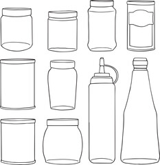 Vector illustration of an engraving style set of different sauces in saucepans and bottles. Ketchup, yogurt, sour cream, mayonnaise, mustard, tar tare sauce, vassabi - Food illustration - Vector set