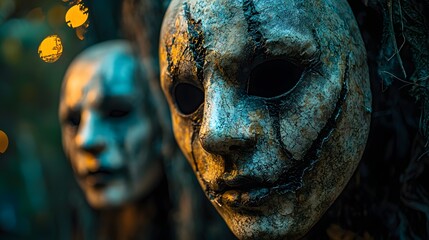 Haunting Mask Sculpture in Dark Moody Atmosphere with Surreal Undertones