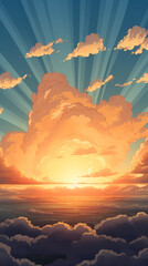 The glow of the sky at sunset. Anime style background with shining sun and white fluffy clouds. Sunny day sky scene cartoon vector illustration.