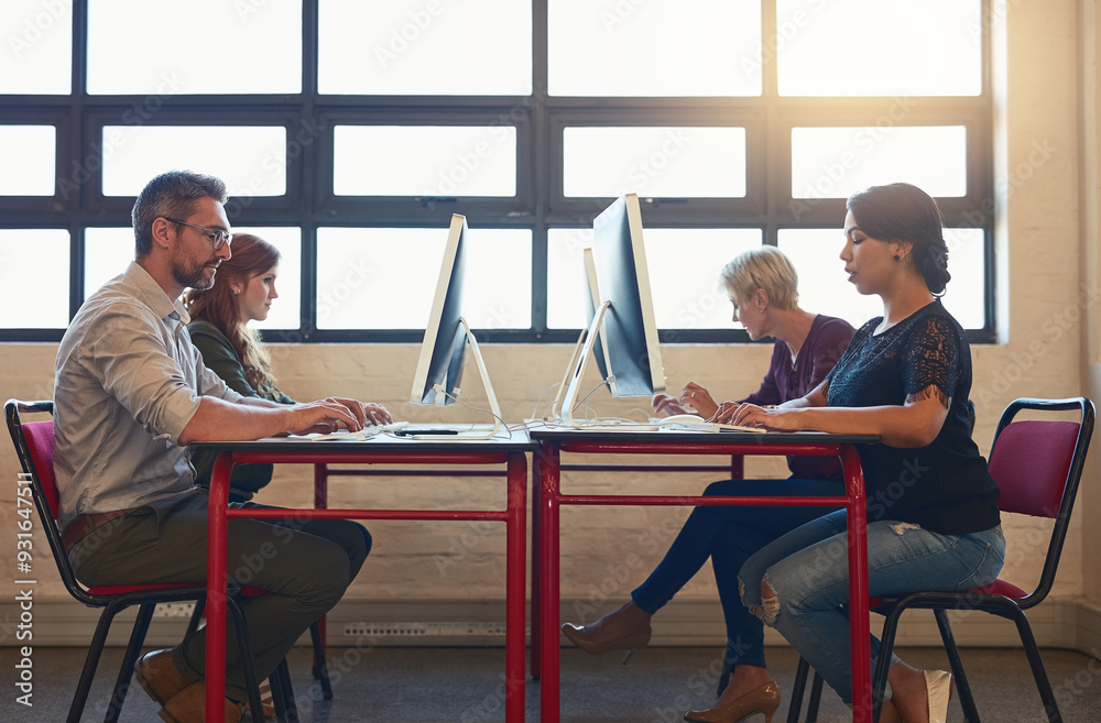 Poster collaboration, coworking office and employees at desk, working together and communication on compute