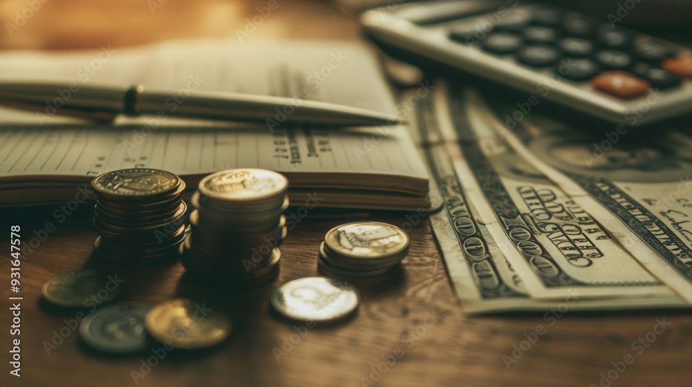 Fototapete a stack of cash and coins lies next to an open notebook filled with financial notes and calculations