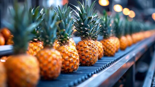 Industrial food production plant with automated line for sorting and packaging fresh pineapples