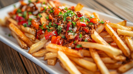 Hot French fries topped with chili, garlic, bell peppers, and anchovies, served on a long white plate over a wooden table. --ar 16:9 --v 6.1 Job ID: eee6937f-140f-4618-a9e3-9ccccae107ec