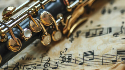 A clarinet resting on sheet music with intricate notes and musical symbols in natural light