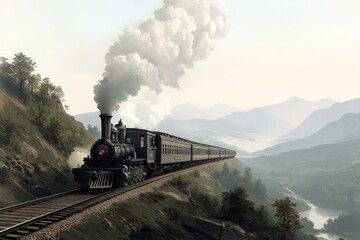 Fototapeta premium A classic engraving of a Victorian-era steam locomotive chugging along a scenic countryside. 