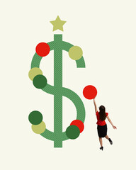 Woman decorating large dollar sign with red and green ornaments. Financial success, professional progress and holiday spirit. Contemporary art collage. Concept of business, achievement