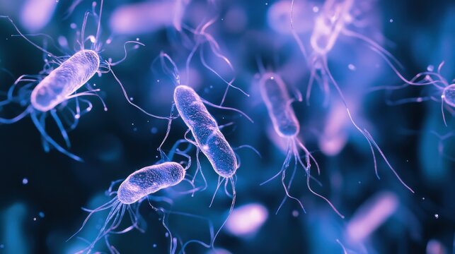 Bacteria with flagella swim actively, showcasing their movement and adaptability under microscopic observation in a vibrant setting