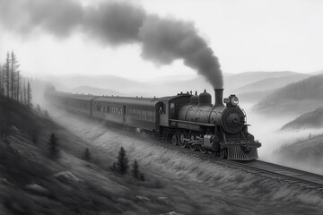 Obraz premium A classic engraving of a Victorian-era steam locomotive chugging along a scenic countryside. 