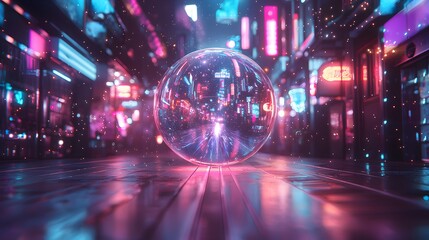 Fototapeta premium Neon Lit Futuristic City Street at Night with Colorful Illuminated Reflections