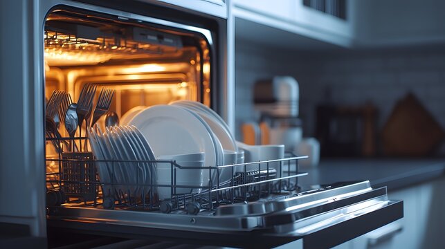 Open dishwasher in modern kitchen, bright lighting, clean dishes neatly arranged, stainless steel interior, white ceramic plates, glasses, domestic appliance, contemporary home.