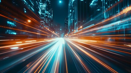 Nighttime traffic with light trails on the highway and road