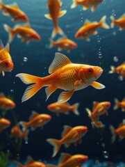 Fototapeta premium Vibrant orange goldfish swim gracefully in clear water. Their scales shimmer under the light. AI generated.