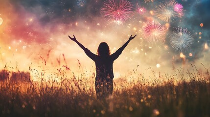 Wide shot of a human in a meadow with arms lifted high, fireworks illuminating the sky, bright and colorful display, silhouette against the natural landscape, serene and celebratory atmosphere,