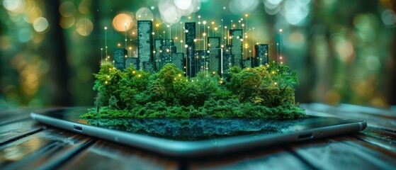 Digital eco-investment app on a tablet, promoting green finance and sustainability.