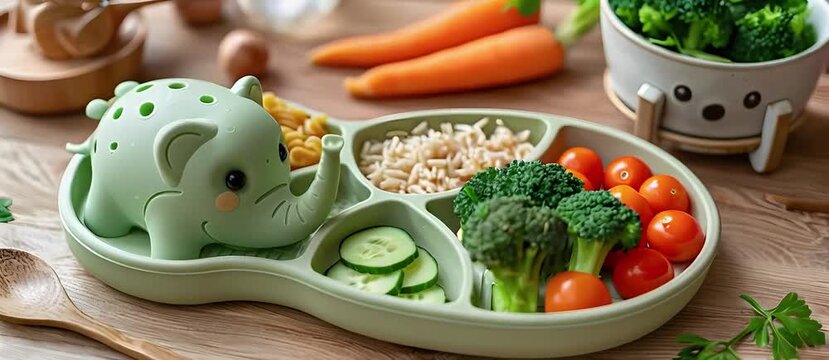 Kid-friendly healthy meals on animal-shaped plates.