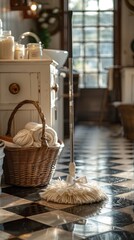 Basket of cleaning supplies on the floor, cleaning service