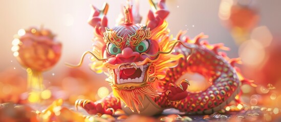 Fototapeta premium Red Chinese Dragon in Golden Bokeh