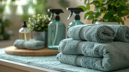Towels are stacked on a table next to a bottle of cleaner, cleaning service