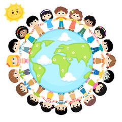 Naklejka premium Funny cartoon group of Kids standing around World map poster vector illustration Isolated on white background