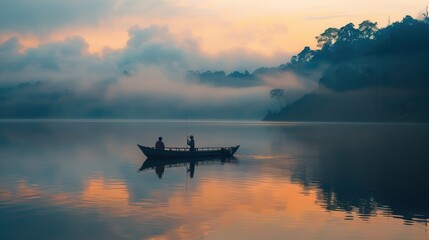 Two people enjoy a tranquil boat ride on a calm lake as dawn breaks, casting soft reflections on the water amidst a low fog. Generative AI