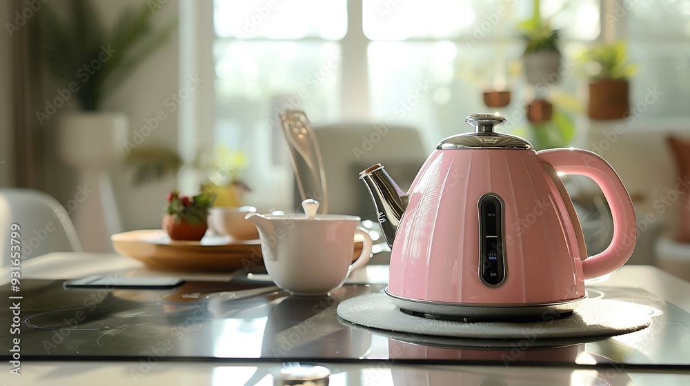 Wall mural close up view of pink kettle on electric hob