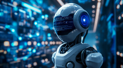 Fototapeta premium futuristic AI robot in a high-tech data center. Copy space. Generative AI