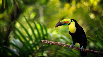 Naklejka premium Toucan perched on a branch in a tropical rainforest its colorful beak vivid against the lush green background