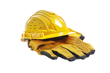 Safety helmet and gloves, arranged on a white background