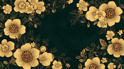 A dark green background with a border of gold flowers and leaves.