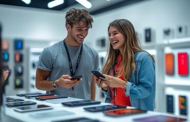 Obraz premium Young couple shopping for phones with a salesperson assisting them in an electronics store
