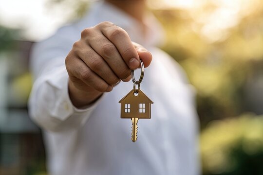 real estate agent holding in hand house shaped key to new property, buy and sell