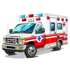 Cartoon Ambulance Car Isolated on a White Background. A Vibrant and Friendly Illustration of an Ambulance with Bright Colors and Clear Emergency Symbols