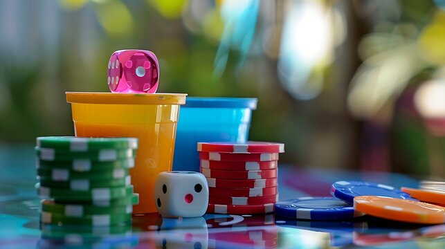 Colored cup with chips and dice to play parcheesi table games family games