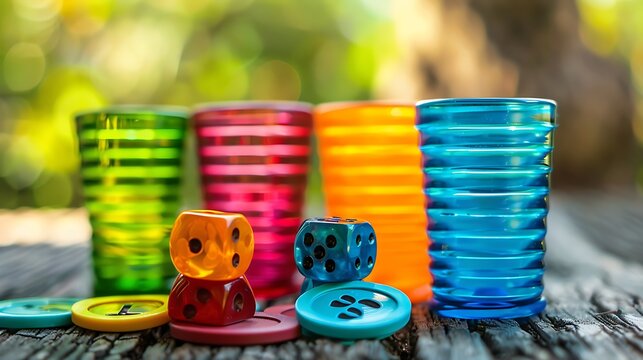 Colored cup with chips and dice to play parcheesi table games family games