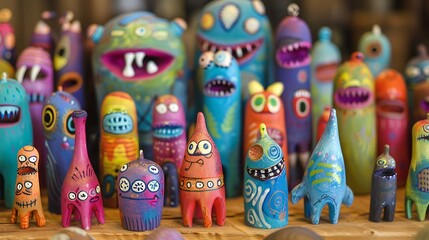 Colorful characters close up on wooden table