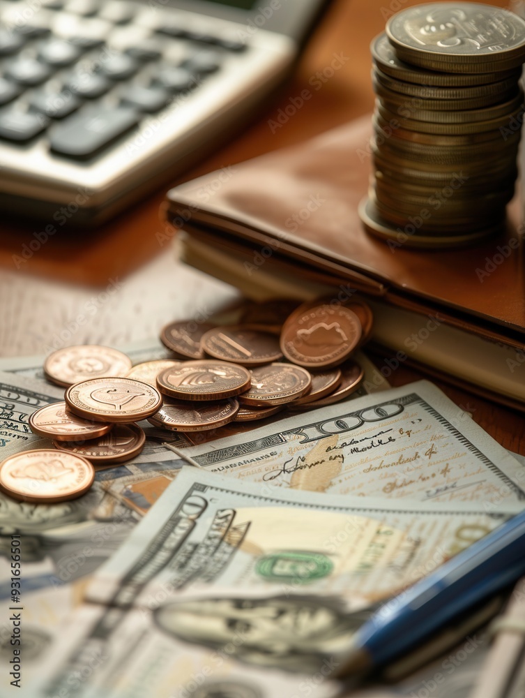 Poster the desk features a stack of cash, various coins, and an open notebook with notes and calculations v