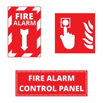 Set de cartel de alarma de fuego en rojo sobre un fondo blanco. Vista de frente y de cerca. Copy space